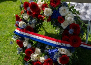 A commemorative wreath is displayed during the Memorial Day ceremony held at the Suresnes American Cemetery and Memorial, Suresnes, France, May 24, 2026.