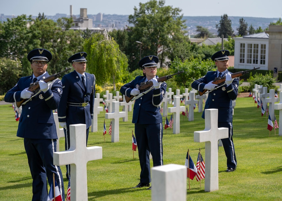 U.S. Air Force Airmen from the 86th Airlift Wing, perform during a Memorial Day ceremony held at the Suresnes American Cemetery and Memorial, Suresnes, France, May 24, 2026.