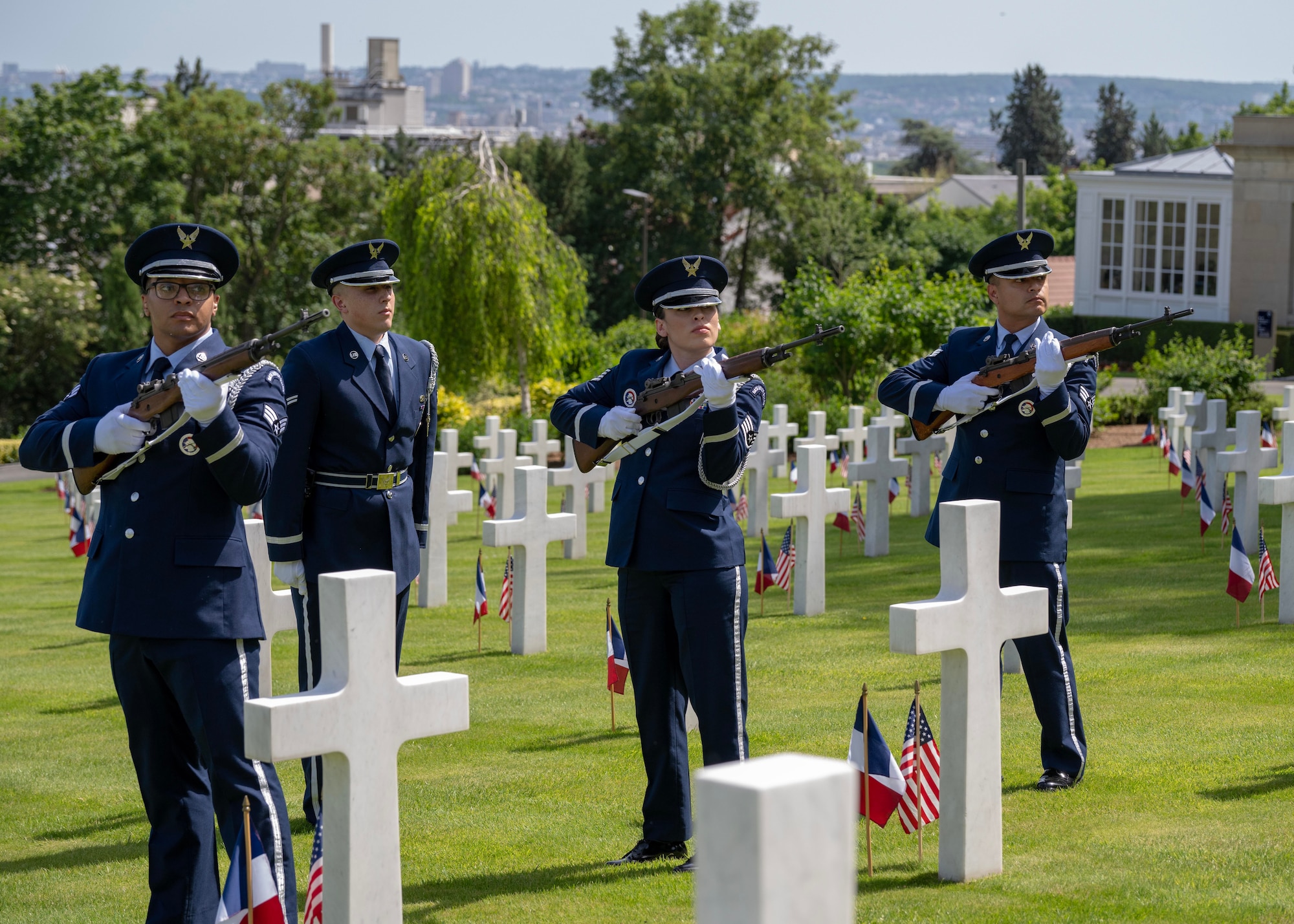 U.S. Air Force Airmen from the 86th Airlift Wing, perform during a Memorial Day ceremony held at the Suresnes American Cemetery and Memorial, Suresnes, France, May 24, 2026.