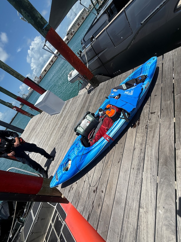 A kayak is brought ashore following a rescue of two kayakers by a U.S. Coast Guard Station Key West boat crew in the vicinity of Fort Zachary Taylor, May 24, 2026. Both kayakers overturned in the vicinity of Fort Zachary Taylor, but were brought ashore with no injuries reported. (U.S. Coast Guard photo)
