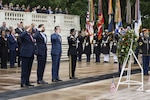 From left, President Donald J. Trump, Vice President JD Vance, Secretary of War Pete Hegseth and Army Maj. Gen. Antoinette Gant, commander of the Military District of Washington, place a wreath during the Memorial Day ceremony at Arlington National Cemetery in Arlington, Va., May 25, 2026.