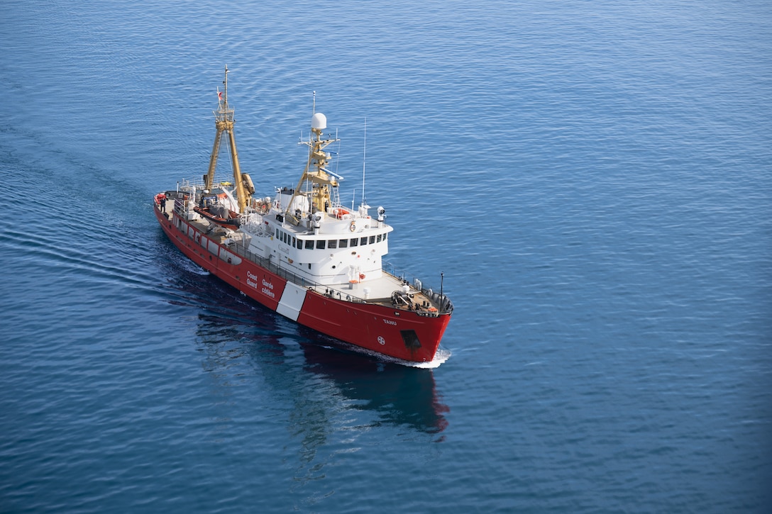Canadian Coast Guard Ship Tanu transits the Strait of Juan de Fuca during a joint search and rescue exercise, May 21, 2026.