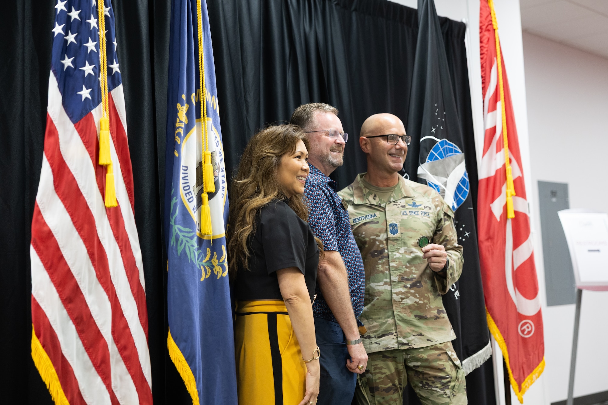 Chief Master Sgt. of the Space Force John Bentivegna and his wife, Cathy, pose with community members at Western Kentucky University in Bowling Green, Kentucky, May 22, 2026.
