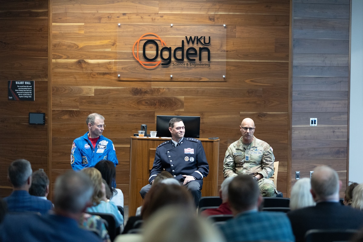 Chief of Space Operations Gen. Chance Saltzman, Chief Master Sgt. of the Space Force John Bentivegna, and Brig. Gen. Nick Hague answer questions during a panel at Western Kentucky University in Bowling Green, Kentucky, May 22, 2026.