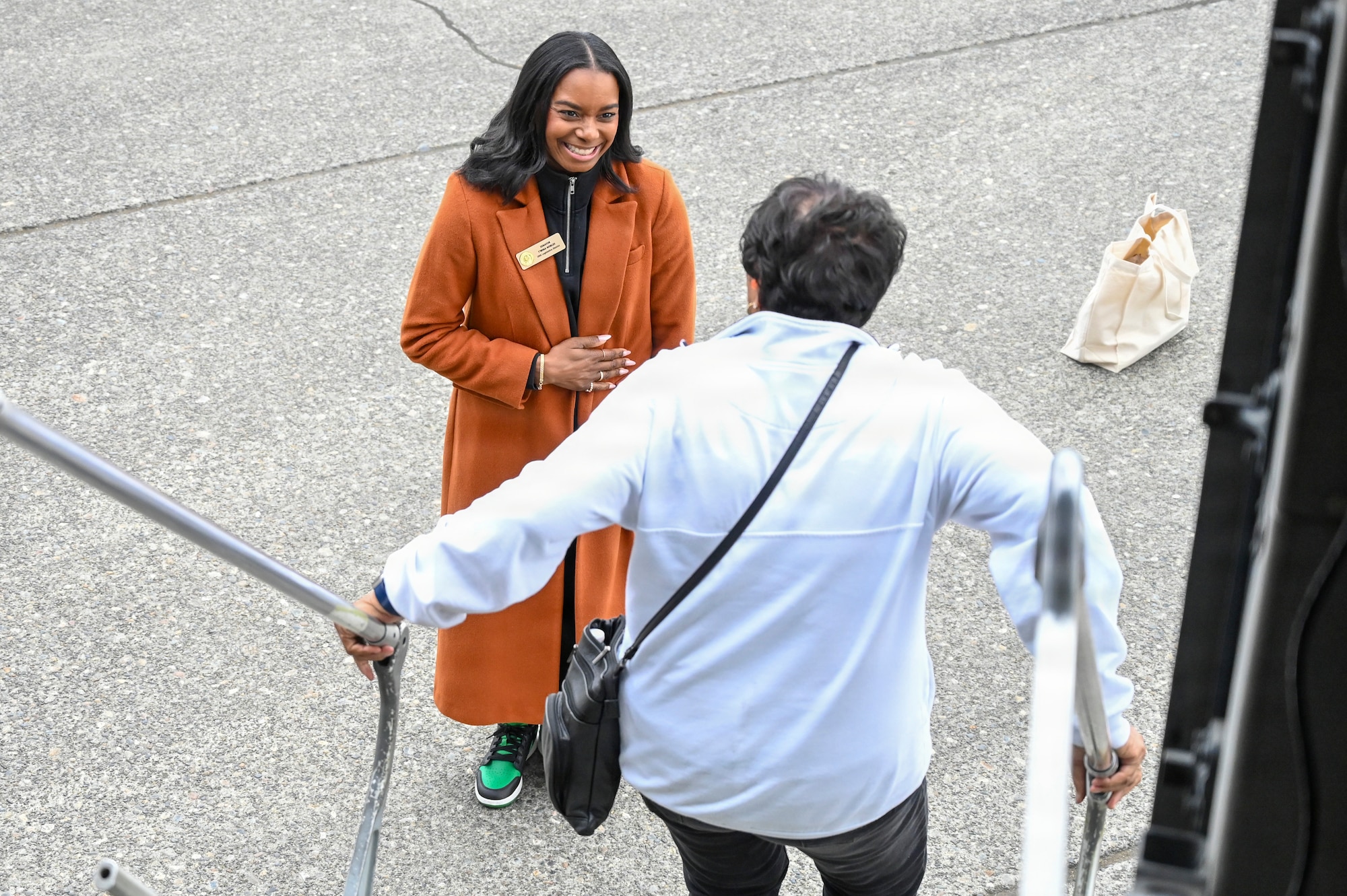Senator T’wina Nobles, Washington State Senate, greets Mary Moss, Founder/CEO of Lakewood Multicultural Coalition and former Lakewood deputy mayor, after exiting a 62d Airlift Wing C-17 Globemaster III following an incentive flight at Joint Base Lewis-McChord, May 19, 2026.