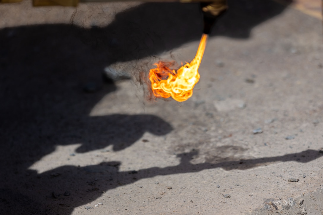 The flame from a lit torch is shown against a plain background, with the shadow of the torch and a hand cast below it.