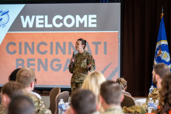 U.S Air Force Col. Marietta Sanders, 88th Mission Support Group Commander, gives opening remarks during the Cincinnati Bengals Rookies visit May 15, 2026 to Wright-Patterson Air Force Base, Ohio. Col. Sanders and Chief Master Sgt. Michael Sierra, 88th Mission Support Group, Command Chief, gave some insight into the significance of WPAFB and the missions they help support. (U.S. Air Force photo by Jack Gardner)