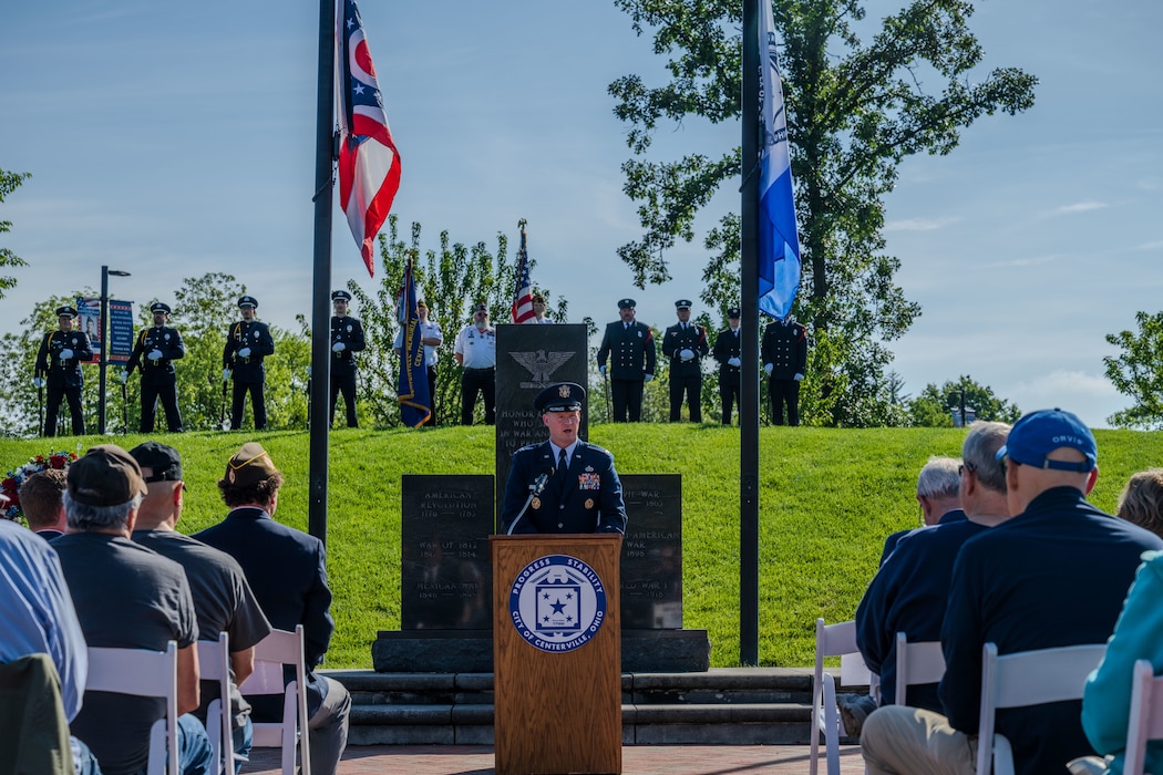 Col. Dustin Richards speaks to attendees during a Memorial Day ceremony in Centerville, Ohio.