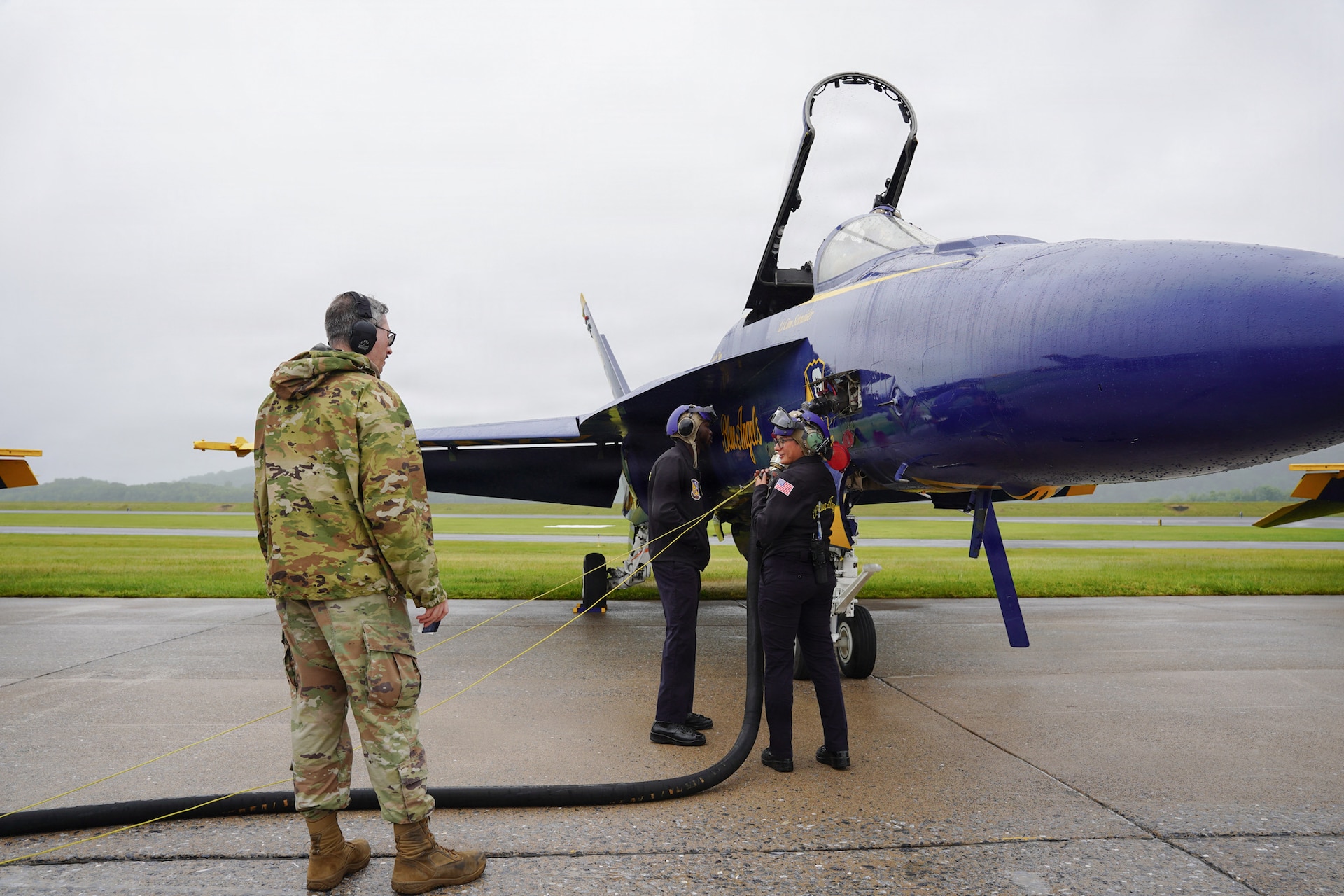 Fuels Airmen assigned to the 193rd Special Operations Wing support the Blue Angels, U.S. Navy Flight Demonstration Squadron during the Central Pennsylvania Air Show, Middletown, Pa., May 24, 2026. The fuel Airmen helped refuel the aircrafts and supported flight operations throughout the event. (U.S. Air National Guard photo by Airman 1st Class Austin Stern)