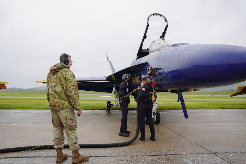 Fuels Airmen assigned to the 193rd Special Operations Wing support the Blue Angels, U.S. Navy Flight Demonstration Squadron during the Central Pennsylvania Air Show, Middletown, Pa., May 24, 2026. The fuel Airmen helped refuel the aircrafts and supported flight operations throughout the event. (U.S. Air National Guard photo by Airman 1st Class Austin Stern)