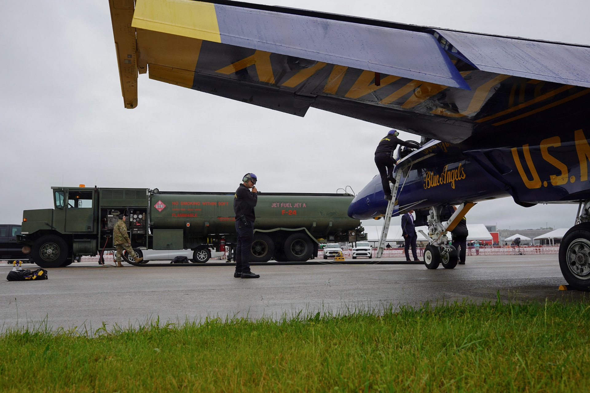Fuels Airmen assigned to the 193rd Special Operations Wing support the Blue Angels, U.S. Navy Flight Demonstration Squadron during the Central Pennsylvania Air Show, Middletown, Pa., May 24, 2026. The fuel Airmen helped refuel the aircrafts and supported flight operations throughout the event. (U.S. Air National Guard photo by Airman 1st Class Austin Stern)