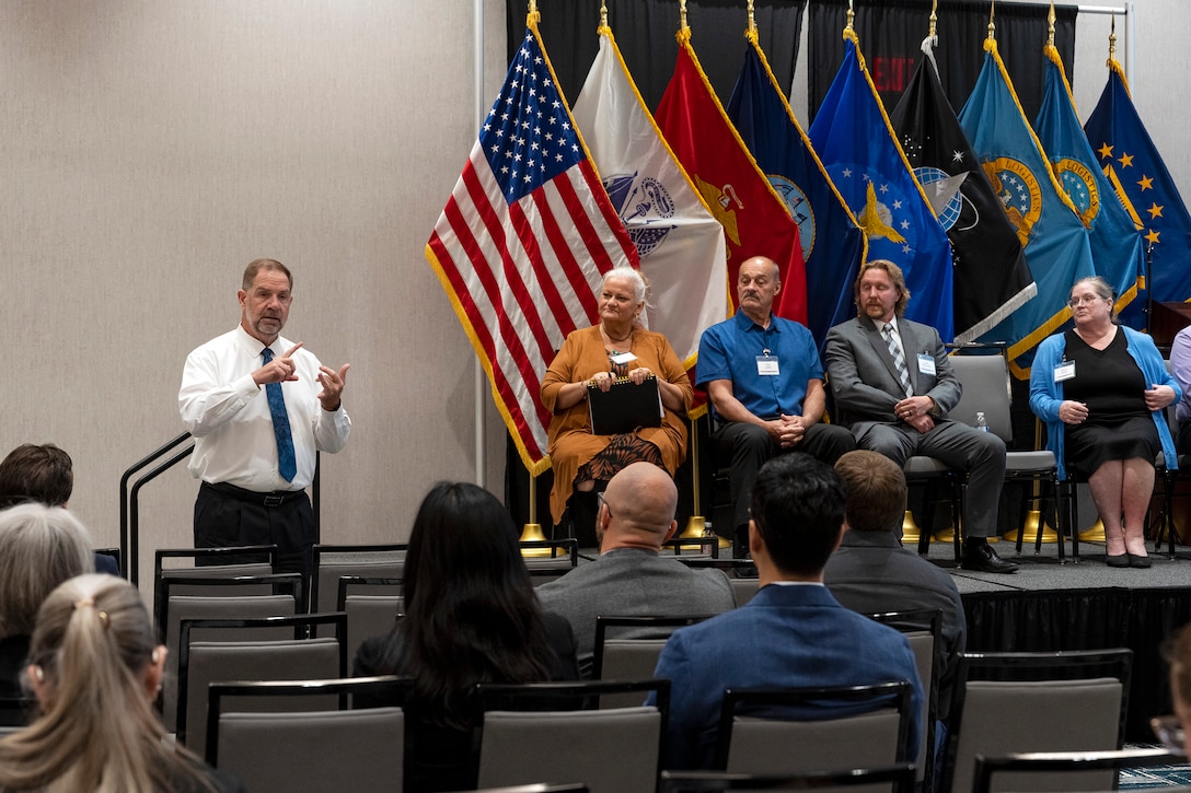 DLA Disposition Services Director Mike Cannon provides closing remarks during the Industrial Association Industry Day in Battle Creek, Michigan, May 21, 2026.