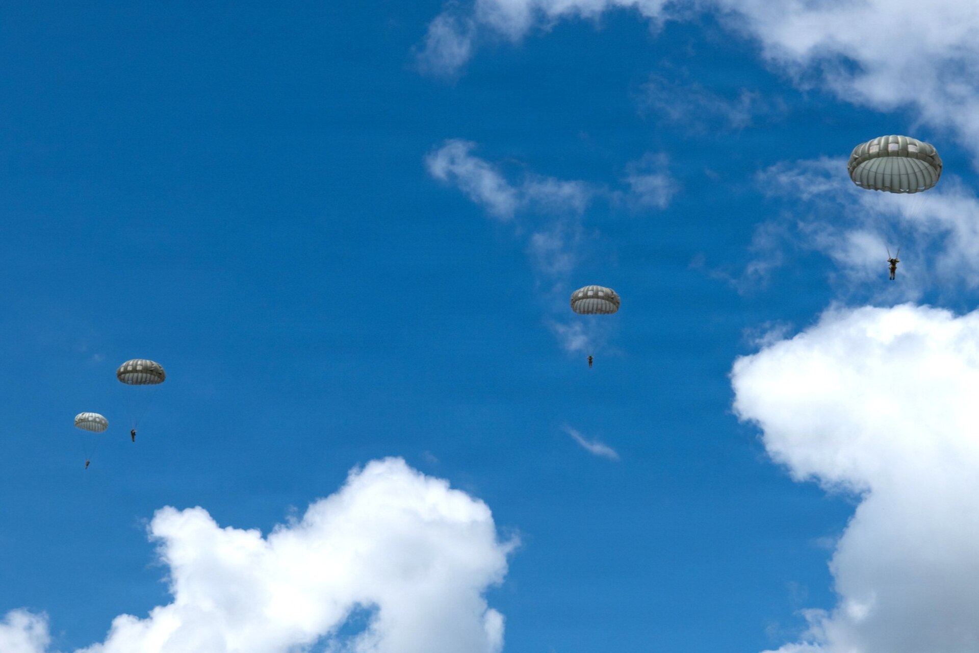 Army parachute riggers assigned to Defense Logistics Agency Distribution, Susquehanna, Pennsylvania, join airmen from the 148th Air Support Operations Squadron, a subordinate unit of the 193rd Special Operations Wing based at Fort Indiantown Gap, for a static line jump at Fort Indiantown Gap, April 30, 2026. (DOW photo by Dorie Heyer, released)
