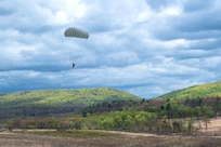 Army parachute riggers assigned to Defense Logistics Agency Distribution, Susquehanna, Pennsylvania, join airmen from the 148th Air Support Operations Squadron, a subordinate unit of the 193rd Special Operations Wing based at Fort Indiantown Gap, for a static line jump at Fort Indiantown Gap, April 30, 2026. (DOW photo by Dorie Heyer, released)