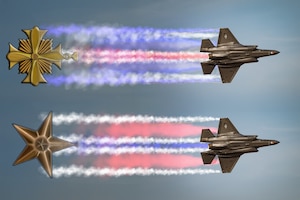 An illustration featuring a Distinguished Flying Cross and Bronze Star trailing behind two F-35, with smoke ribbons in between, linking the two.