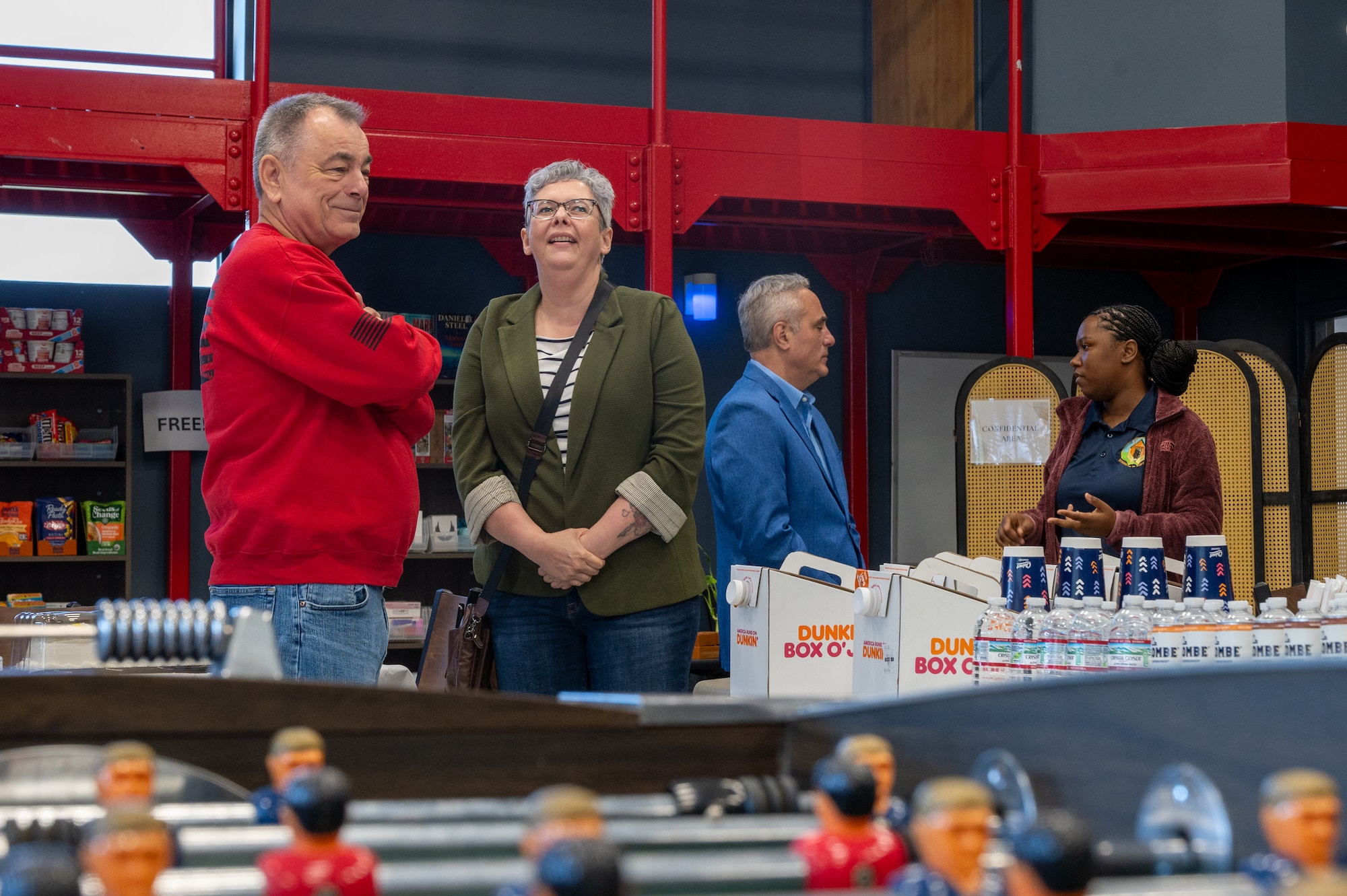 Attendees and staff of the Sean’s Room’s grand opening stand around the resources provided to all military, civilians and dependents, 18 and older, at Joint Base McGuire-Dix-Lakehurst, N.J., May 1, 2026.