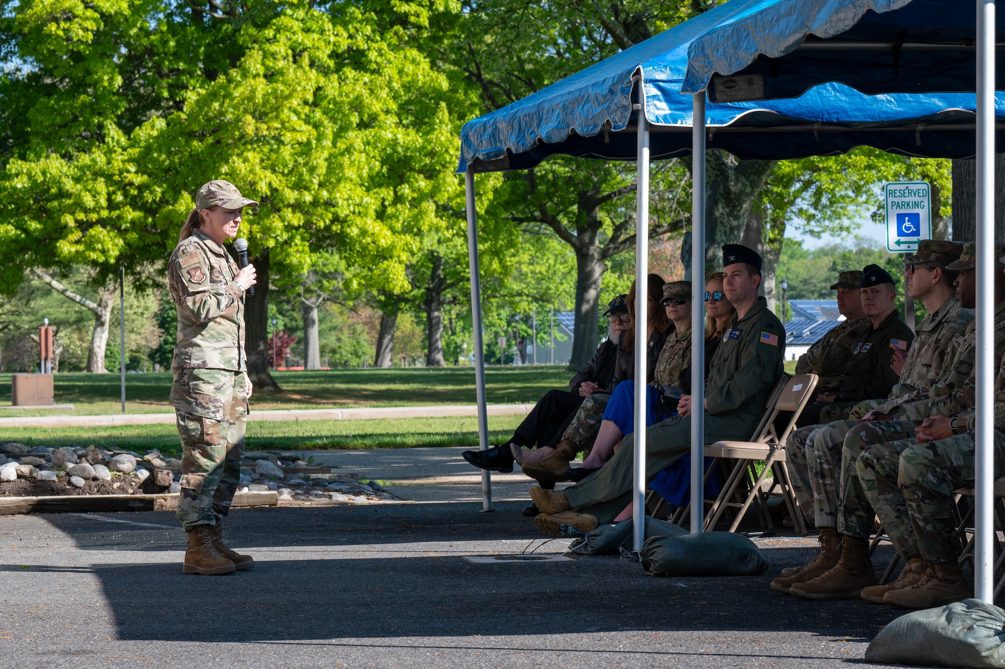 U.S. Air Force Col. Kathleen Hasson, 305th Air Mobility Wing commander, speaks to the audience at the grand opening of Sean’s Room at Joint Base McGuire-Dix-Lakehurst, N.J., May 1, 2026.