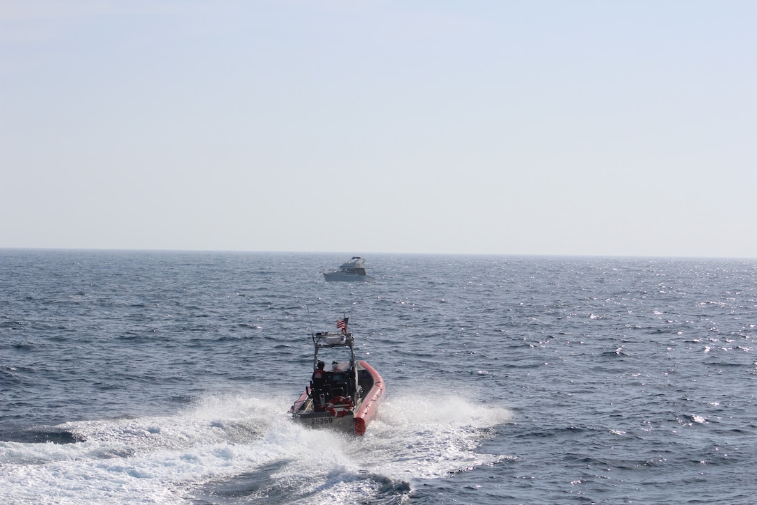 A Coast Guard boarding team assigned to the 154-foot fast response cutter USCGC John McCormick (WPC 1121) conducts a vessel boarding approximately 22 miles offshore of Mission Bay in San Diego, California, May 19, 2026. During the boarding, 36 suspected aliens were identified, all claiming Mexican nationality. (U.S. Coast Guard courtesy photo)