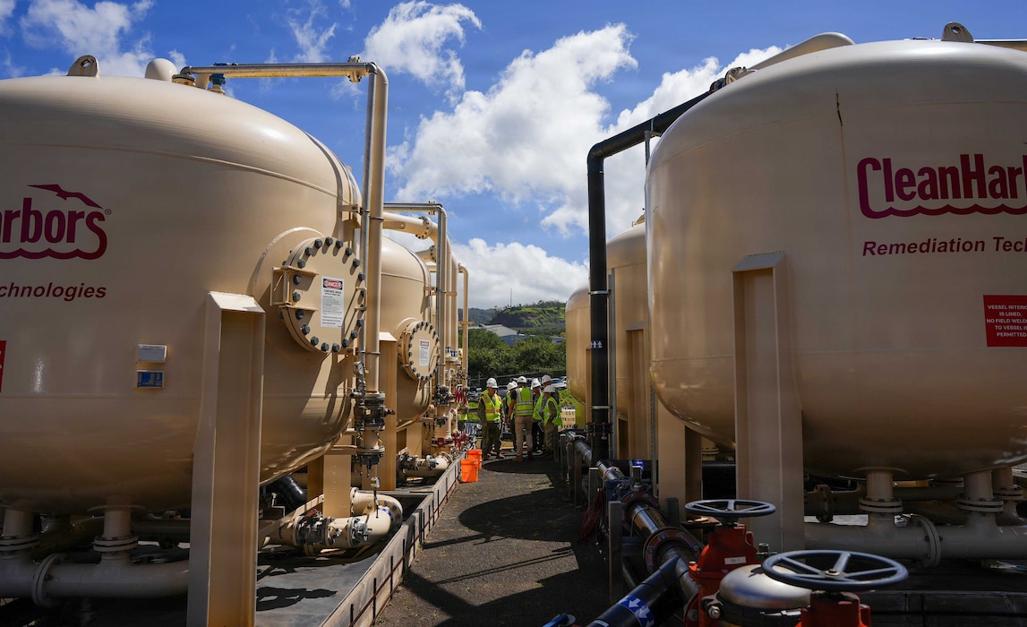 Navy Closure Task Force-Red Hill (NCTF-RH) staff and Col. Rachel Sullivan, U.S. Army Garrison Hawaii commander, observe the Red Hill Shaft granular activated carbon filtration system during a site visit to the Red Hill Bulk Fuel Storage Facility (RHBFSF) in Honolulu, May 12, 2026. Charged with the safe decommissioning of the RHBFSF, NCTF-RH was established by the Department of the Navy as a commitment to the community and the environment. NCTF-RH continues to engage with the people of Hawaii, regulatory agencies, and other stakeholders as it safely and deliberately decommissions the facility. (U.S. Navy photo by Mass Communication Specialist 1st Class Glenn Slaughter)