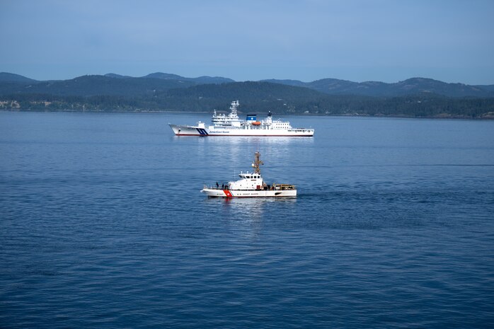 U.S. Coast Guard Cutter Osprey (WPB-87307) and Japan Coast Guard ship Itsukushima transit the Strait of Juan de Fuca during a joint search and rescue exercise, May 21, 2026.