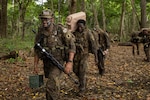 U.S. service members and Panamanian partners move through the jungle while carrying equipment and supplies during the Green Mile event as part of the Jungle Operations Training Course–Panama at Aeronaval Base Cristóbal Colón, Panama, May 14, 2026. The training strengthened interoperability and reinforced the enduring partnership between U.S. forces and Panamanian security institutions through combined jungle operations in a demanding tropical environment. (U.S. Army photo by Sgt. Nirak Garcia Navarro)