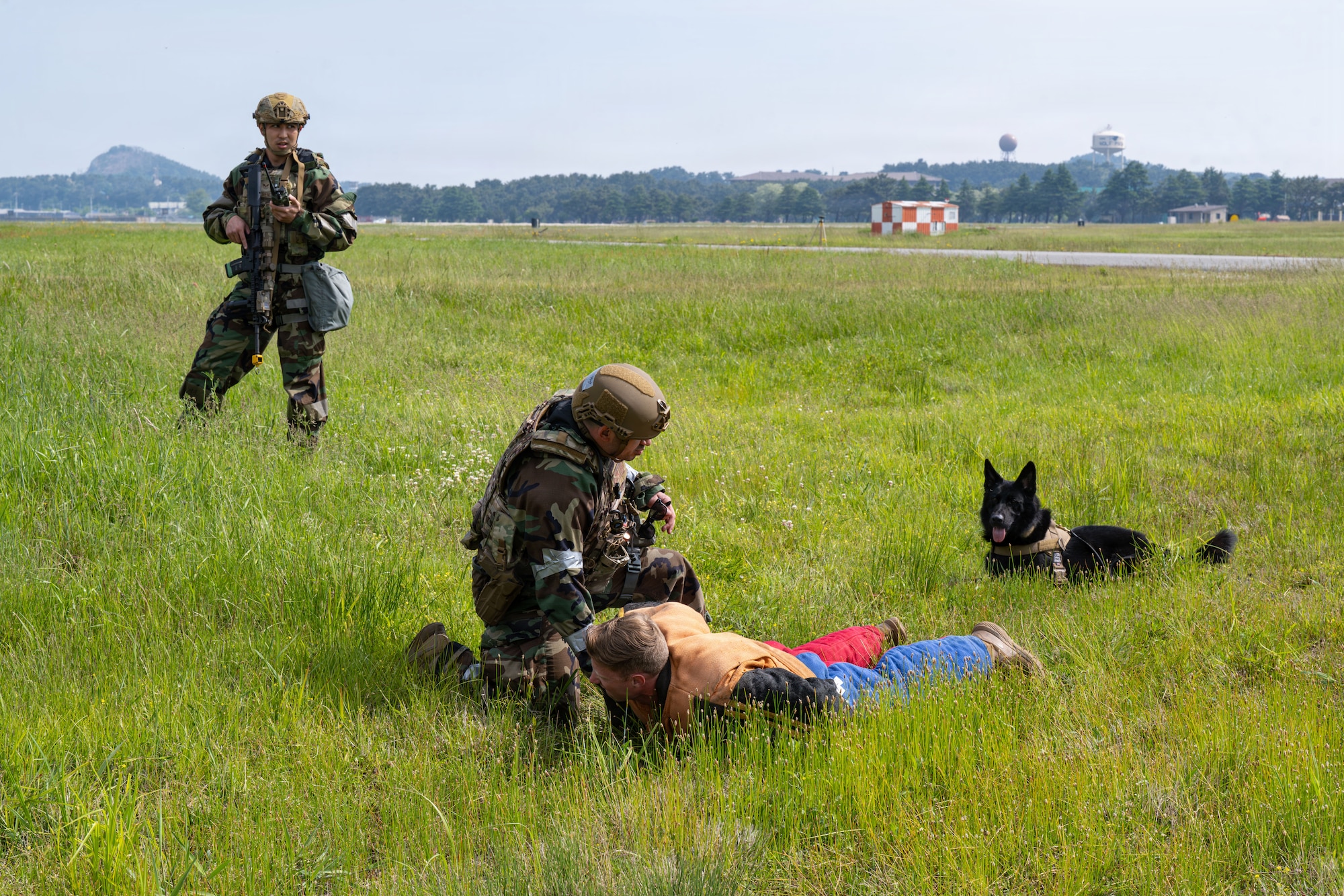 Airmen conduct military working dog controlled aggression training.
