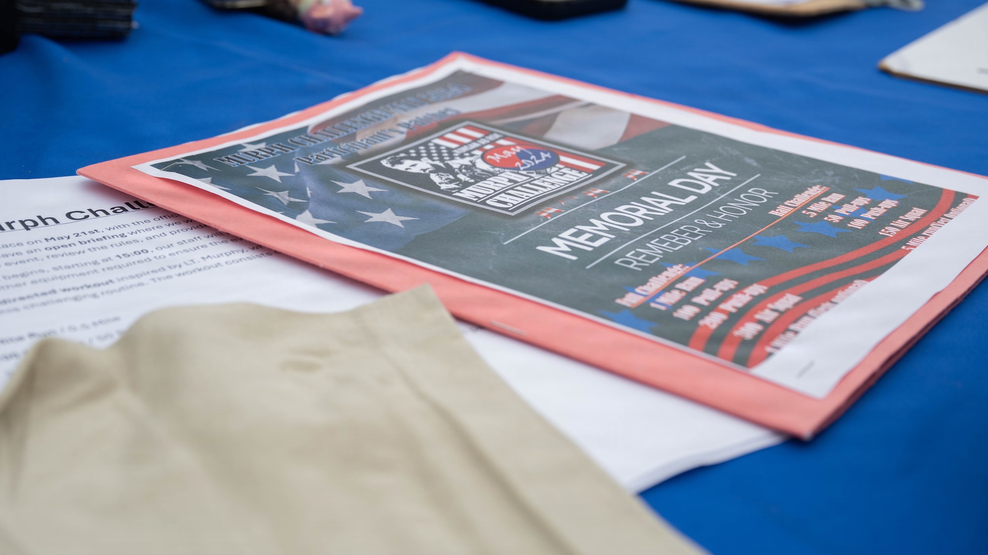 A flyer rests on a table.