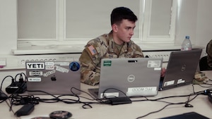 Soldiers from Information Defense Company (IDCO), Multi-Domain Command - Europe (MDC-E) joined Soldiers from 169th Cyber Protection Team, Maryland Army National Guard and Estonian Defence Forces to train on cyber defense skills as part of USAREUR-AF's Sword 26 exercise. Tallinn, Estonia, 18 May 2026.