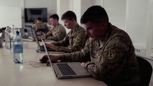 Soldiers from Information Defense Company (IDCO), Multi-Domain Command - Europe (MDC-E) joined Soldiers from 169th Cyber Protection Team, Maryland Army National Guard and Estonian Defence Forces to train on cyber defense skills as part of USAREUR-AF's Sword 26 exercise. Tallinn, Estonia, 18 May 2026.