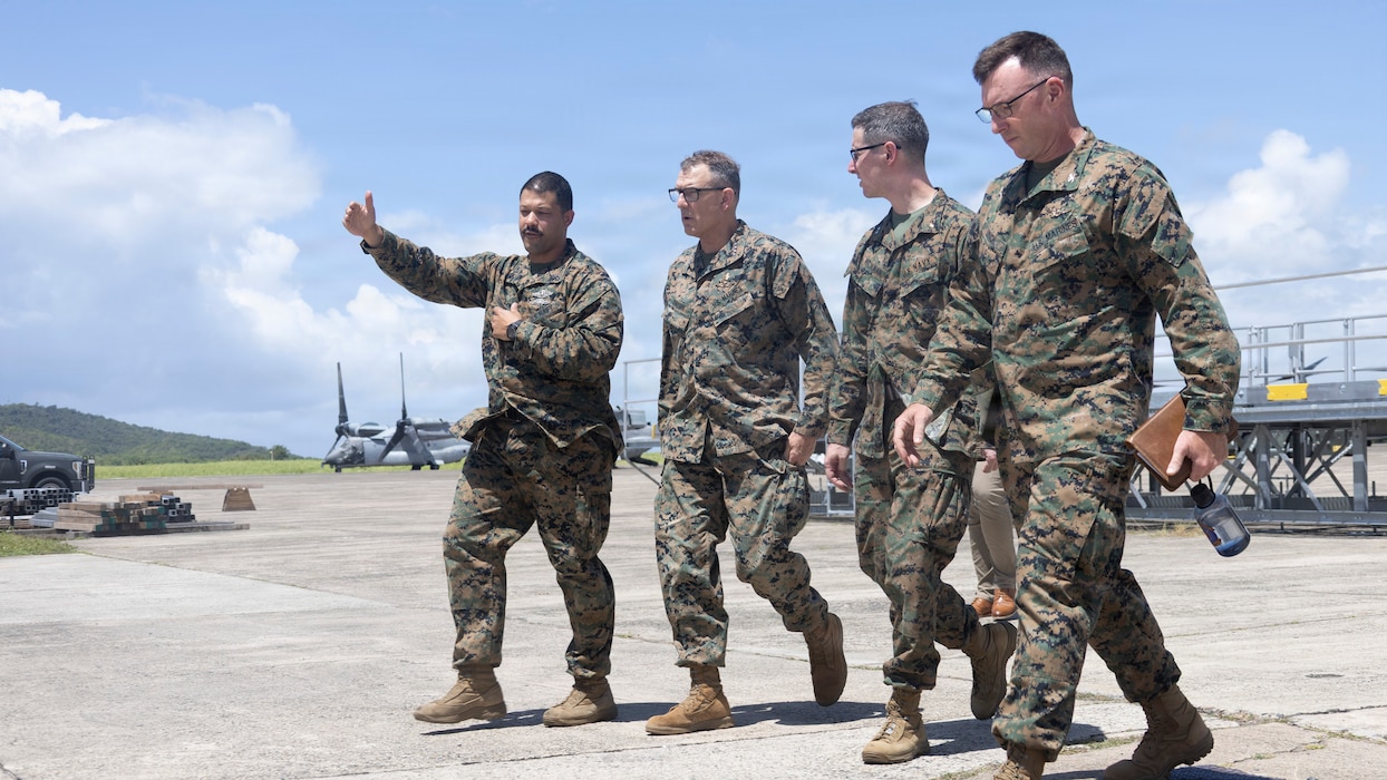 A U.S. Navy Hospital Corpsman Chief Petty Officer, left, with the 24th Marine Expeditionary Unit, briefs Marine Corps Gen. Francis Donovan, commander, U.S. Southern Command, on medical capabilities during an operational site survey at Roosevelt Roads Naval Station, Puerto Rico, May 24, 2026. U.S. military forces are deployed to the U.S. Southern Command area of responsibility in support of Operation SOUTHERN SPEAR, Department of War-directed operations, and the president’s priorities to disrupt illicit drug trafficking, deter malign actors and protect the homeland through continuous presence. (U.S. Marine Corps photo)