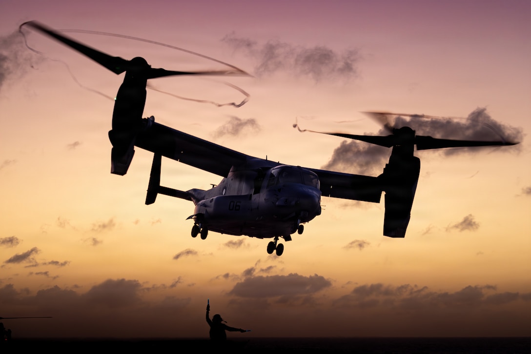 A U.S. Marine Corps MV-22B Osprey tiltrotor aircraft with Marine Medium Tiltrotor Squadron (VMM) 263 (Reinforced), 22nd Marine Expeditionary Unit (Special Operations Capable), takes off from Wasp-class amphibious assault ship USS Iwo Jima (LHD 7) during flight operations while underway in the Caribbean Sea, May 13, 2026. U.S. military forces are deployed to the Caribbean in support of the U.S. Southern Command mission, Department of War-directed operations, and the president’s priorities to disrupt illicit drug trafficking and protect the homeland. (U.S. Marine Corps photo)