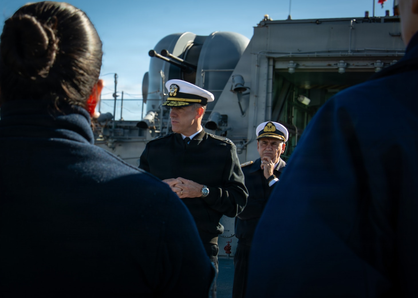 Rear Adm. Carlos Sardiello, commander of U.S. Naval Forces Southern Command/U.S. 4th Fleet, addresses Argentine Sailors aboard MEKO 360H2-class destroyer ARA La Argentina (D 11) during a ship tour at Puerto Belgrano Naval Base, Argentina, May 18, 2026.