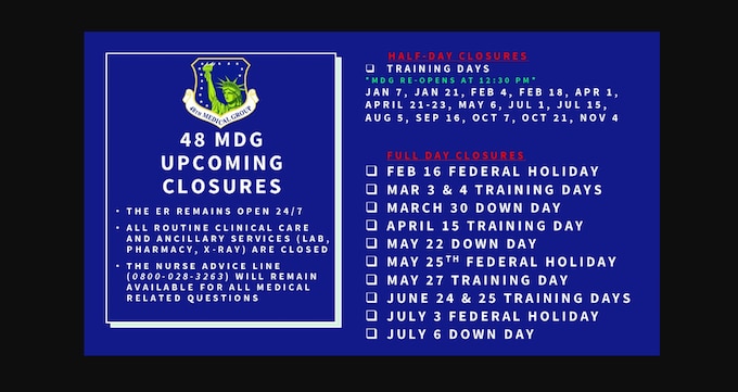 View our upcoming closures. All routine clinical care and ancillary services (lab, pharmacy, x-ray) are closed. The Nurse Advice Line will remain open for all medical related questions. 0800-028-3263