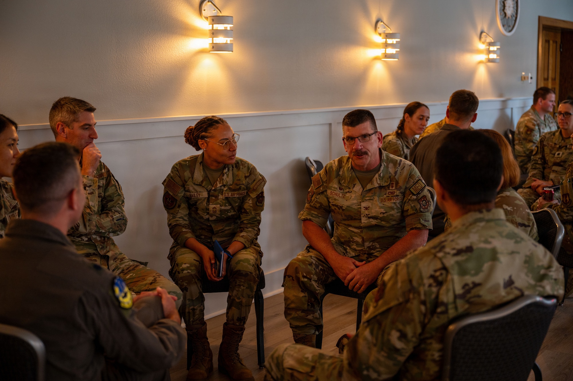 Group of upcoming squadron commanders participates in a speed pod mentoring session during the Air Education and Training Command Squadron Leadership Course at JBSA-Randolph, Texas, May 8, 2026.