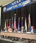 Capt. Chris Matassa, commanding officer of Naval Surface Warfare Center Carderock Division, discusses the implications of maritime warfare dominance with fellow Warfare Centers leaders during a panel session of the Department of the Navy Digital Warfighting Symposium East 2026 in Norfolk, Va., on May 12. Moderated by Dr. Julie Stark, director of the Navy’s Mid-Atlantic Tech Bridge, the panel deep dived into driving the future of information warfare, how industry and academia can help, and the resources required to accomplish information dominance. From left: Stark; Matassa; Nigel Thijs, technical director of NSWC Philadelphia; Stephen O’Grady, deputy technical director from Naval Undersea Warfare Center Newport; and David Smoak, chief engineer from Naval Information Warfare Center Atlantic.