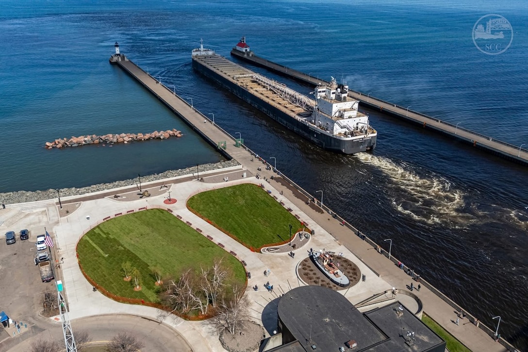 Aerial image taken from the Duluth Light Bridge showing the completion of the shoreline protection project at the Lake Superior Maritime Visitor Center Canal Park.