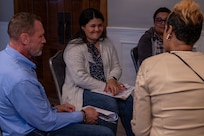 Giomareli Díaz participates in a speed mentoring session with experienced spouses and Key Support Liaisons during the Air Education and Training Command Squadron Leadership Course at JBSA-Randolph, Texas, May 8, 2026.