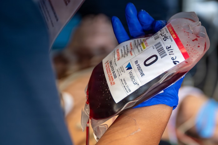Someone wearing a blue latex glove holds a blood bag.