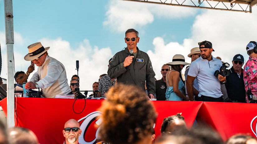 Air Force Chief of Staff, Gen. Ken Wilsbach, presides over a mass enlistment ceremony for more than 300 future service members during the Hyundai Air & Sea Show at Miami Beach, Florida, May 23, 2026. The Memorial Day weekend event highlighted military service, readiness and community engagement through aerial demonstrations, military displays and public outreach activities.