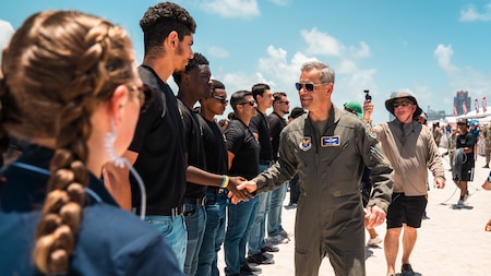 Air Force Chief of Staff, Gen. Ken Wilsbach, congratulates future service members during the Hyundai Air & Sea Show at Miami Beach, Florida, May 23, 2026.