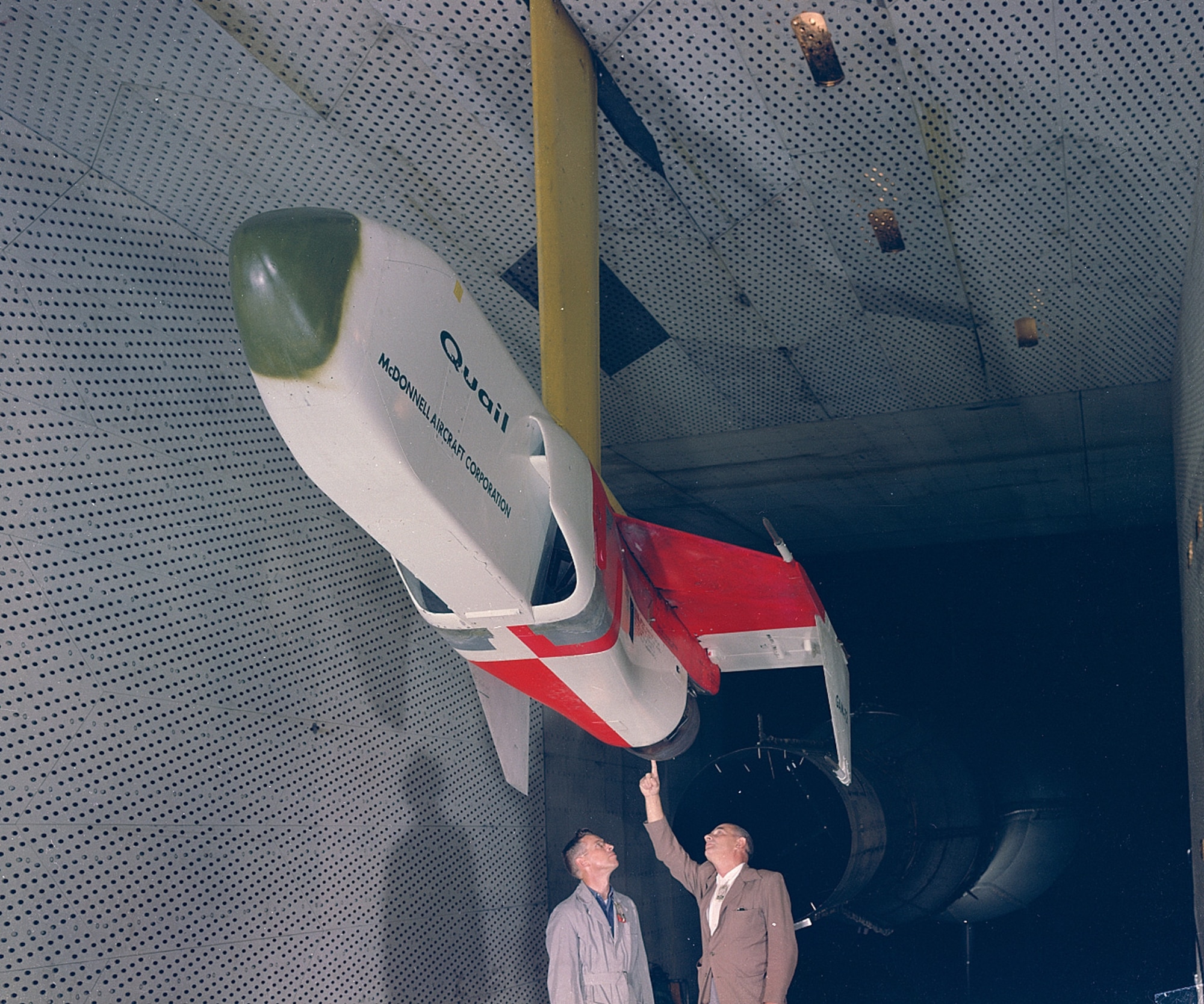 The GAM-72 Quail, a full-scale missile, is tested in the Propulsion Wind Tunnel 16-foot transonic wind tunnel of what was then known as Arnold Engineering Development Center in 1958. Planning for PWT began in January 1950 when representatives from the aircraft propulsion industry met with the Air Force Research and Development Board on Facilities. The funding program for the facility was issued the following year. Arnold Engineering Development Center is now known as Arnold Engineering Development Complex, headquartered at Arnold Air Force Base, Tenn. (U.S. Air Force photo)