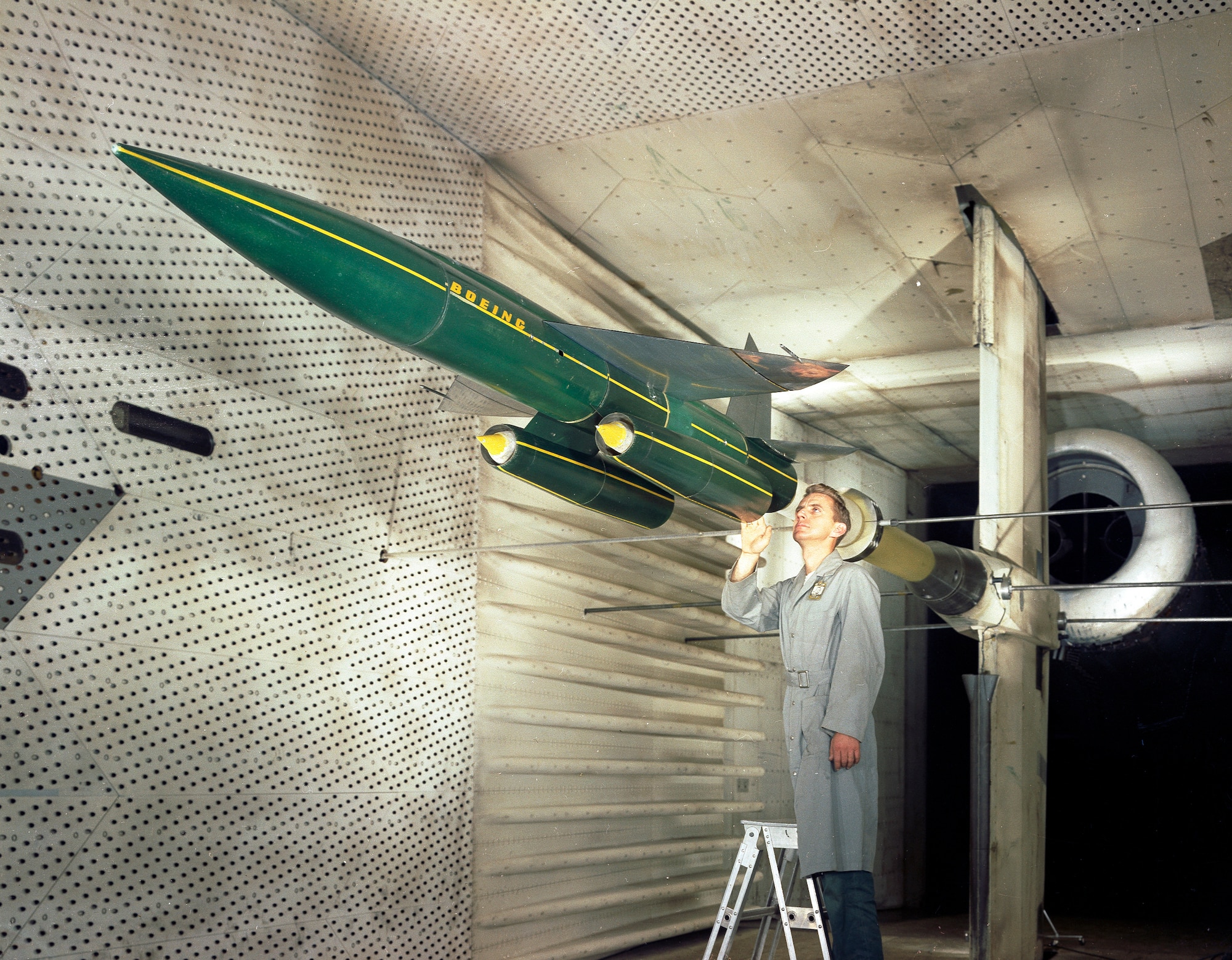 A model of the Bomarc missile undergoes testing in the Propulsion Wind Tunnel 16-foot transonic wind tunnel of what was then known as Arnold Engineering Development Center in 1958. Planning for PWT began in January 1950 when representatives from the aircraft propulsion industry met with the Air Force Research and Development Board on Facilities. The funding program for the facility was issued the following year. Arnold Engineering Development Center is now known as Arnold Engineering Development Complex, headquartered at Arnold Air Force Base, Tenn. (U.S. Air Force photo)