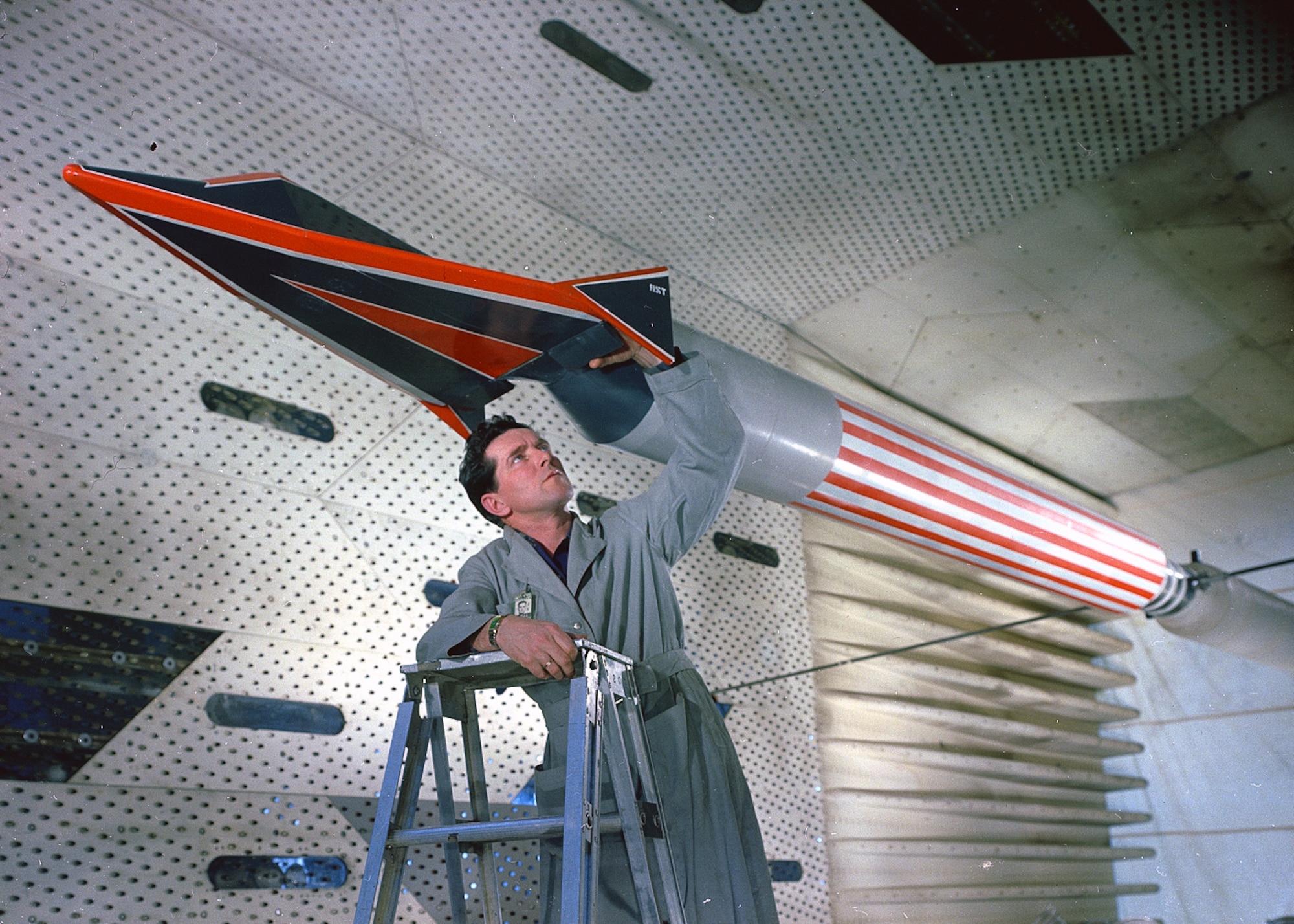 A model of the Dyna-Soar spaceplane is set for testing in the Propulsion Wind Tunnel 16-foot transonic wind tunnel of what was then known as Arnold Engineering Development Center in 1959. Planning for PWT began in January 1950 when representatives from the aircraft propulsion industry met with the Air Force Research and Development Board on Facilities. The funding program for the facility was issued the following year. Arnold Engineering Development Center is now known as Arnold Engineering Development Complex, headquartered at Arnold Air Force Base, Tenn. (U.S. Air Force photo)