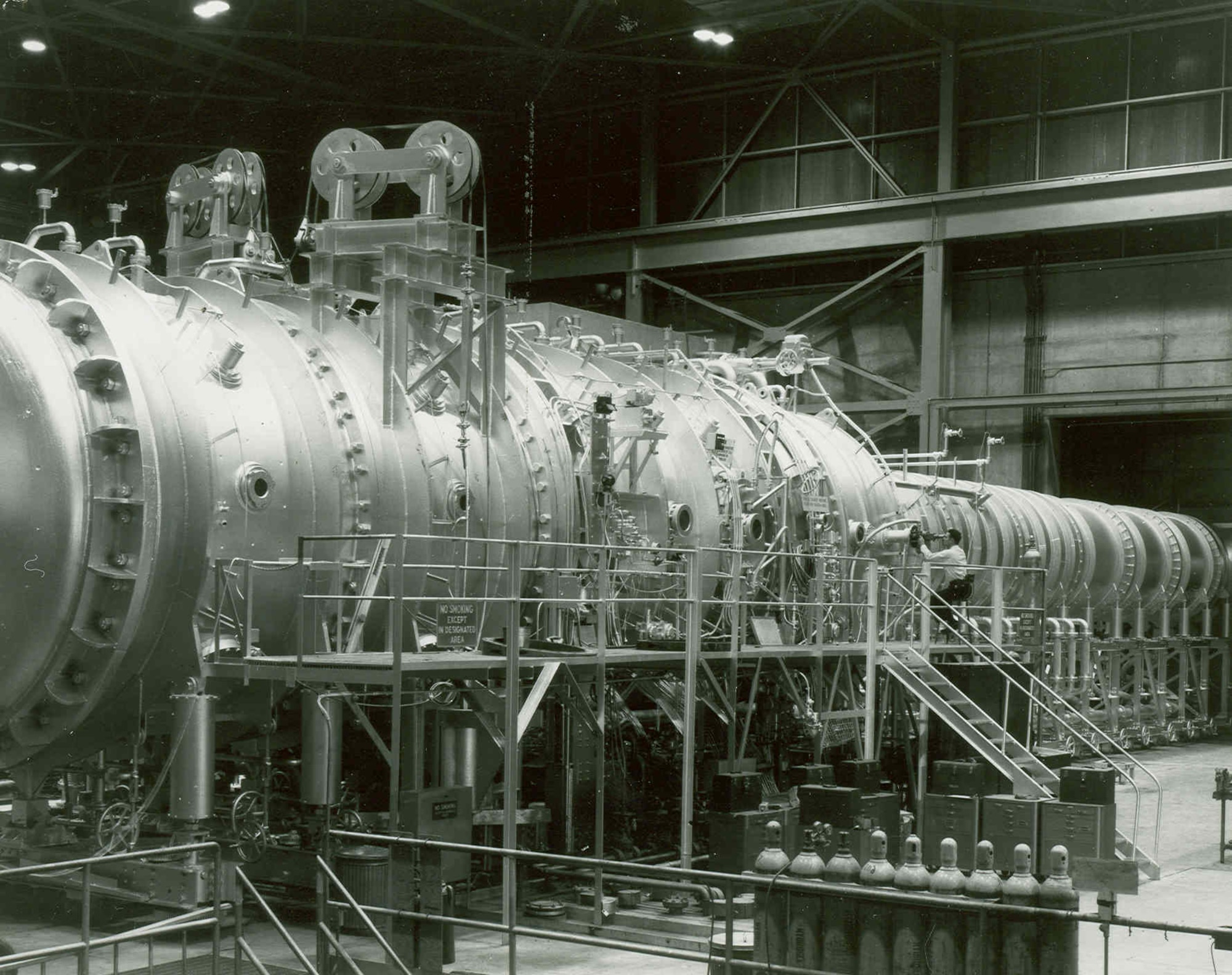 The T-4 test cell of the Engine Test Facility of what was then known as the Arnold Engineering Development Center is shown in this photo from 1957. At the time, the Marquardt ramjet engine was undergoing testing in the facility. The ETF was completed in 1953, and the first engine was fired at the facility in August of that year. Arnold Engineering Development Center is now known as Arnold Engineering Development Complex, headquartered at Arnold Air Force Base, Tenn. (U.S. Air Force photo)