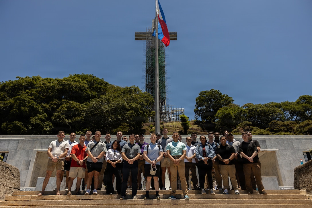 U.S. Marines with Marine Rotational Force – Southeast Asia, I Marine Expeditionary Force, pose for a photo during a staff ride in honor of Memorial Day at Mount Samat National Shrine of Valor, Bataan, Philippines, May 23, 2026. MRF-SEA serves as I MEF’s forward command element, supporting Task Force - Philippines and integrating with the Armed Forces of the Philippines to strengthen interoperability and improve combined readiness. (U.S. Marine Corps photo by Cpl. Ryan Ramsammy)