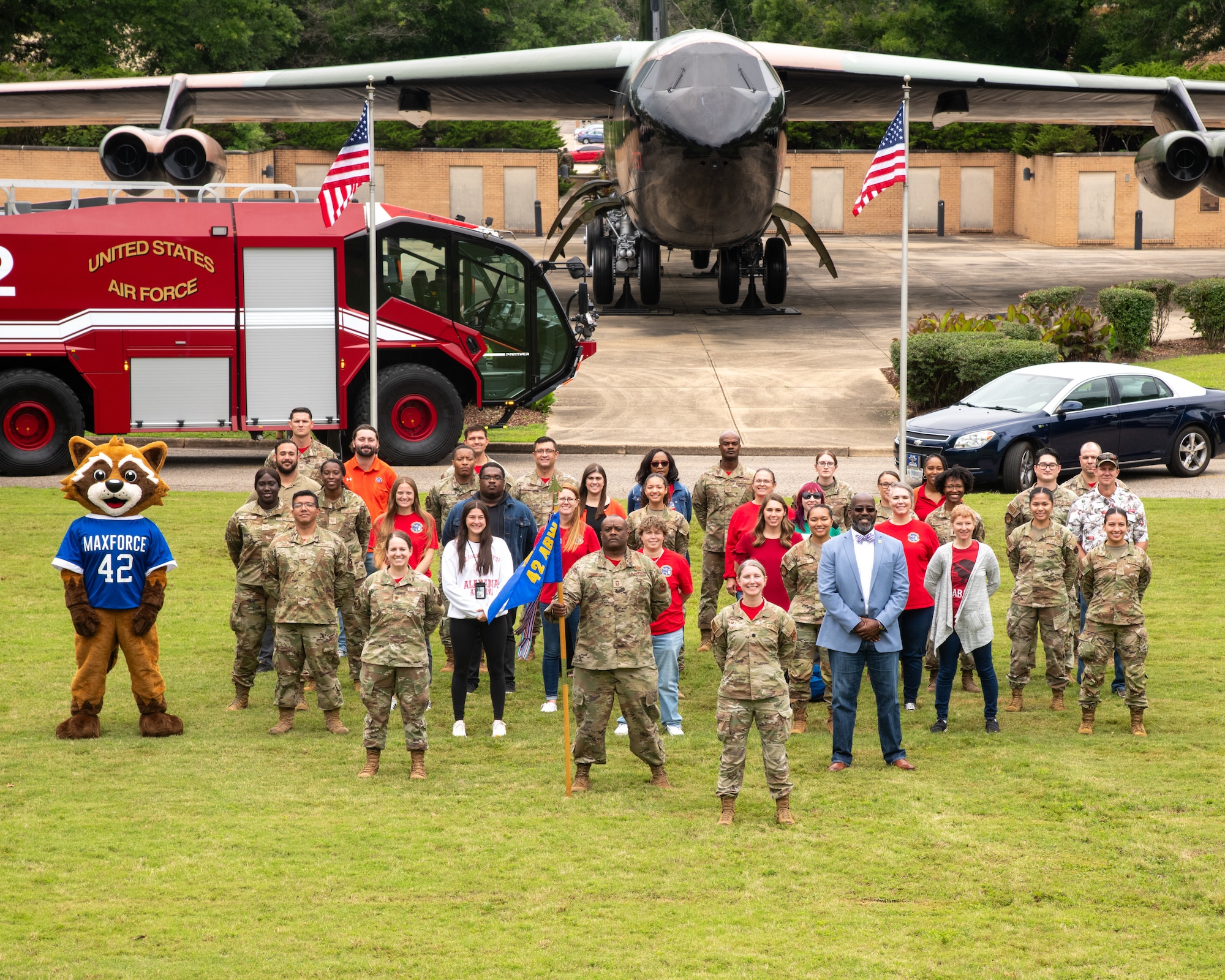Members of the 42d Force Support Squadron pose for a unit photo at the Maxwell Air Force Base Air Park, May 8, 2026. The 42d FSS received the Maj. Gen. Eugene L. Eubank Award. This recognition names the 42d FSS the top FSS unit in the Air Education and Training Command.