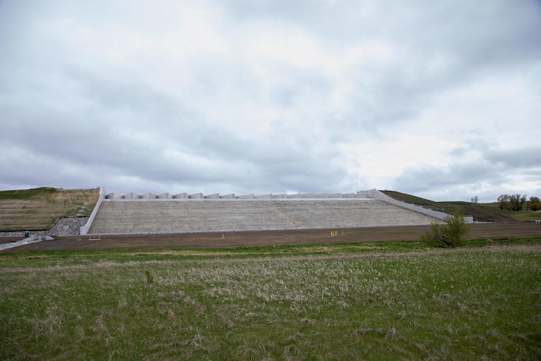 The Pipestem Dam spillway is pictured on the morning of the spillway modification project ribbon-cutting ceremony in Jamestown, North Dakota, May 19, 2026. (U.S. Army photo by Delanie Stafford)