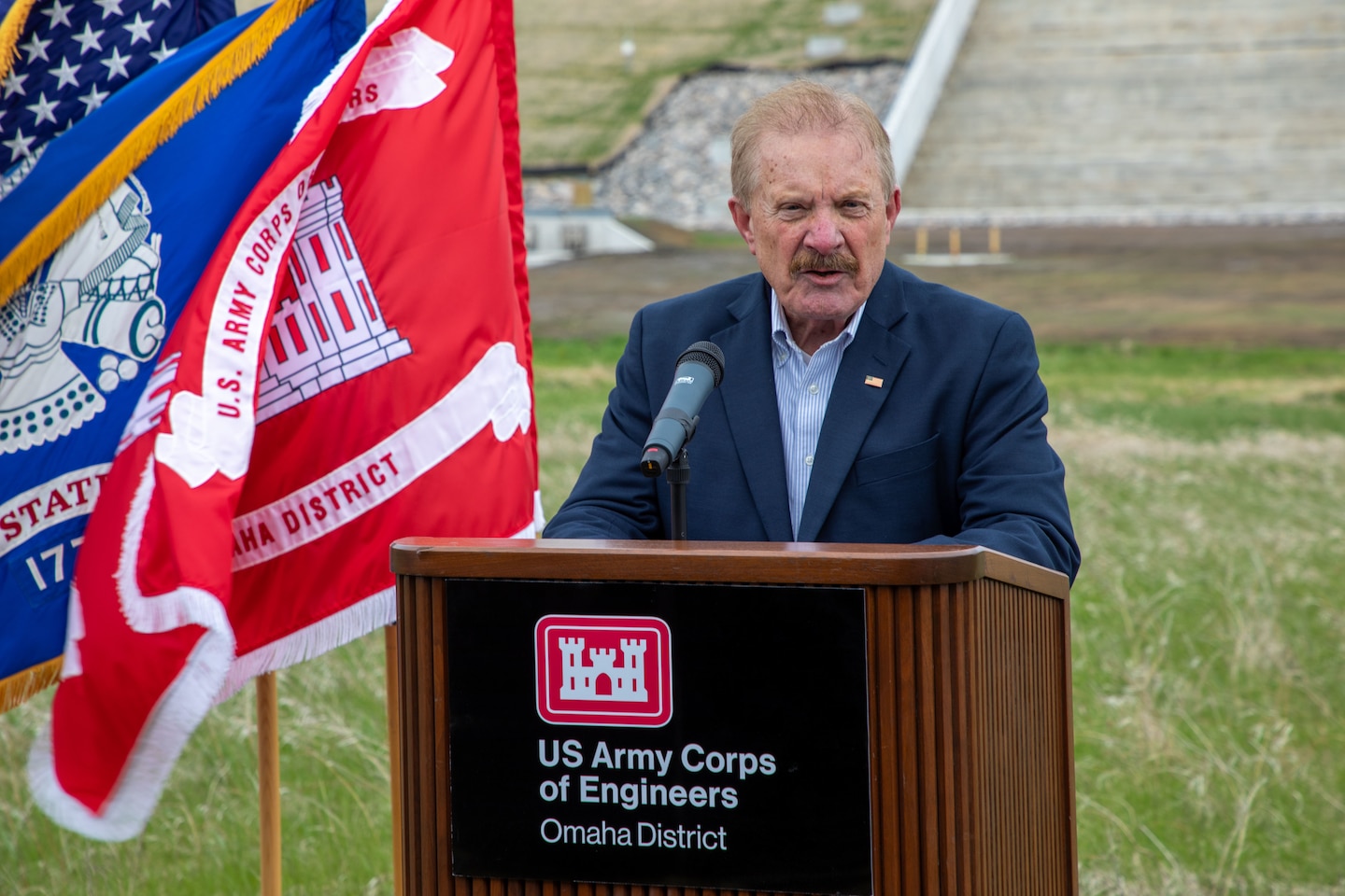 Jamestown Mayor Dwaine Heinrich speaks at the Pipestem Dam spillway modification project ribbon-cutting ceremony in Jamestown, North Dakota, May 19, 2026. (U.S. Army photo by Delanie Stafford)