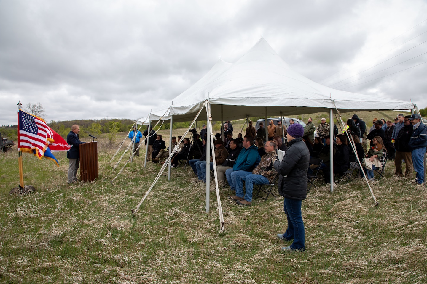 Leadership from the U.S. Army Corps of Engineers, Omaha District, alongside Jamestown Mayor Dwaine Heinrich, North Dakota Lt. Gov. Michelle Strinden, and contractor partners attend the ribbon-cutting ceremony for the Pipestem Dam spillway modification project in Jamestown, North Dakota, May 19, 2026. (U.S. Army photo by Delanie Stafford)