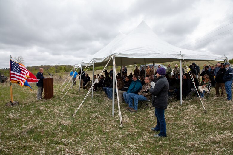 Leadership from the U.S. Army Corps of Engineers, Omaha District, alongside Jamestown Mayor Dwaine Heinrich, North Dakota Lt. Gov. Michelle Strinden, and contractor partners attend the ribbon-cutting ceremony for the Pipestem Dam spillway modification project in Jamestown, North Dakota, May 19, 2026. (U.S. Army photo by Delanie Stafford)